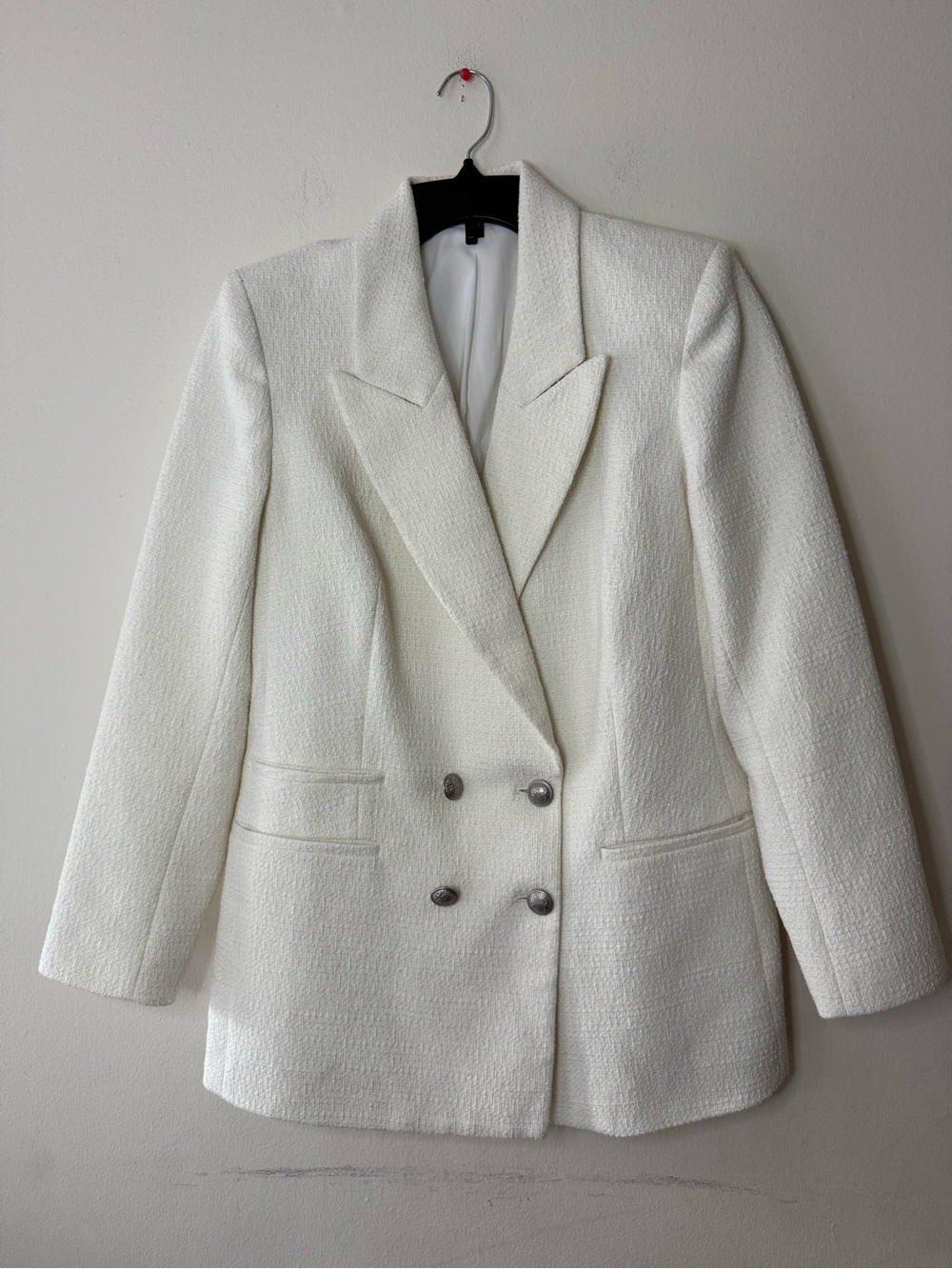 Express White Metallic Textured Blazer Crest Silver Buttons